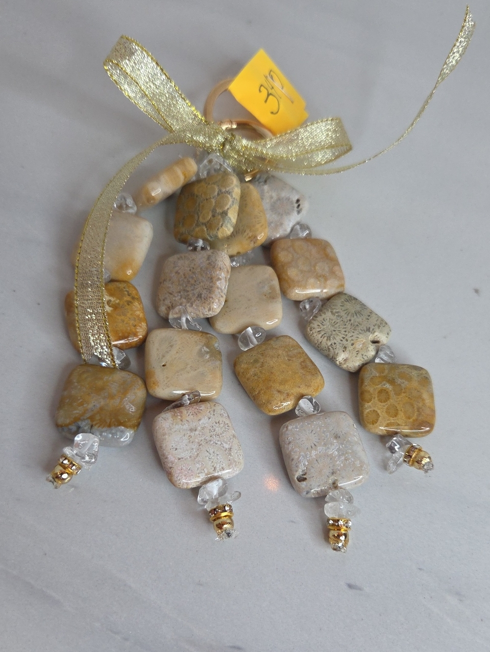 340 - Stone Handmade Beige & Gold Jasper Bead Bag